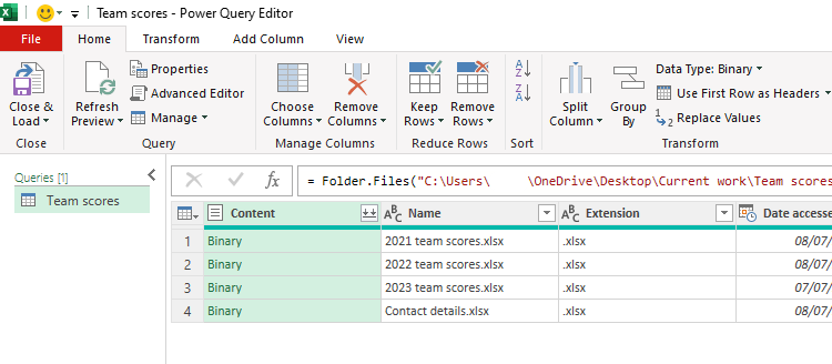 Excel's Power Query Editor, with four file names—one extraneous—listed in the query.