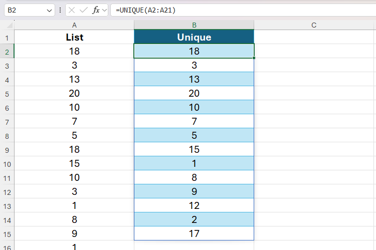 Excel's UNIQUE function in action in a range that was converted from a table to an unformatted range.