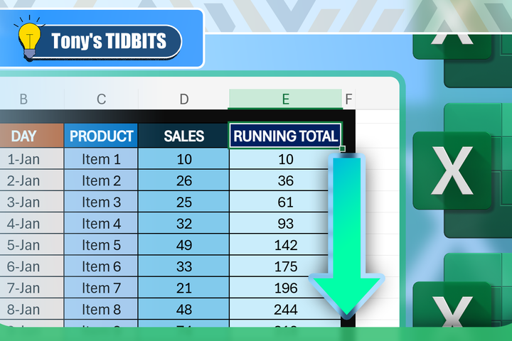 Excel spreadsheet showing columns for Day, Product, Sales, and Running Total, with the Running Total column highlighted and a large downward arrow.