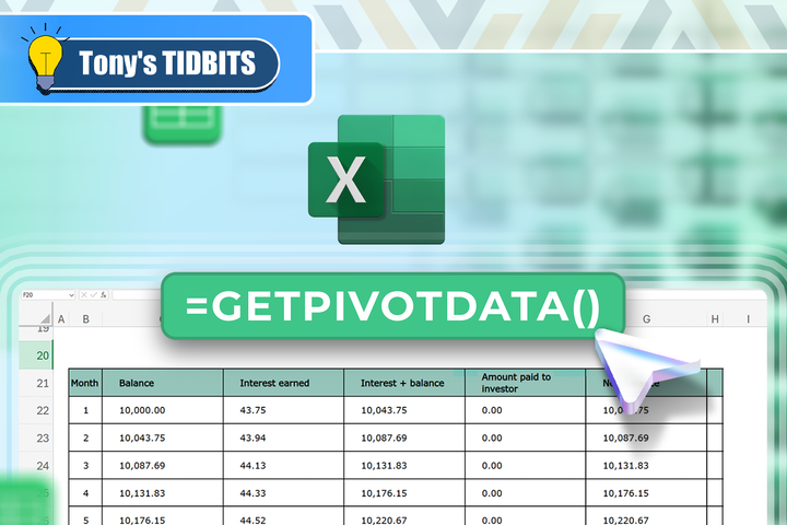 Excel spreadsheet with the formula '=GETPIVOTDATA()' highlighted and the Excel logo above.
