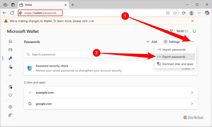 Click the three-dot menu, then select "Export Passwords." 