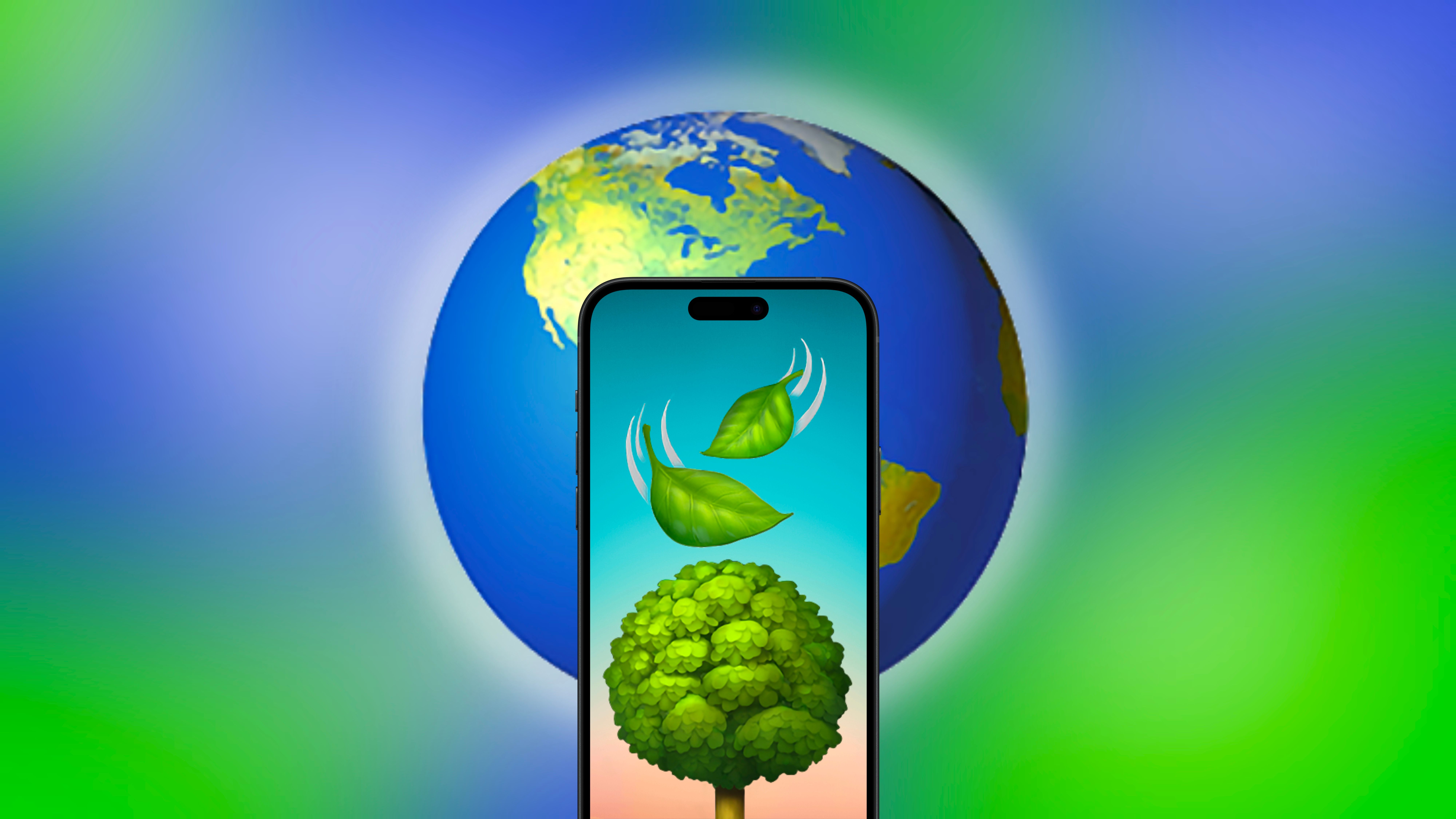An iPhone with nature emojis on it in front of the Earth in front of a colorful background.