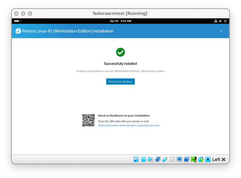 Fedora Linux successfully installed in VirtualBox on Apple Silicon.