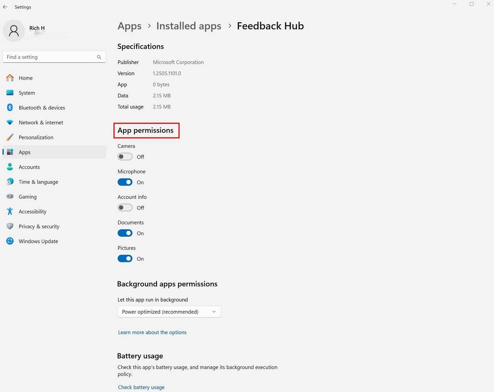 The Feedback Hub settings page inside Windows 11.
