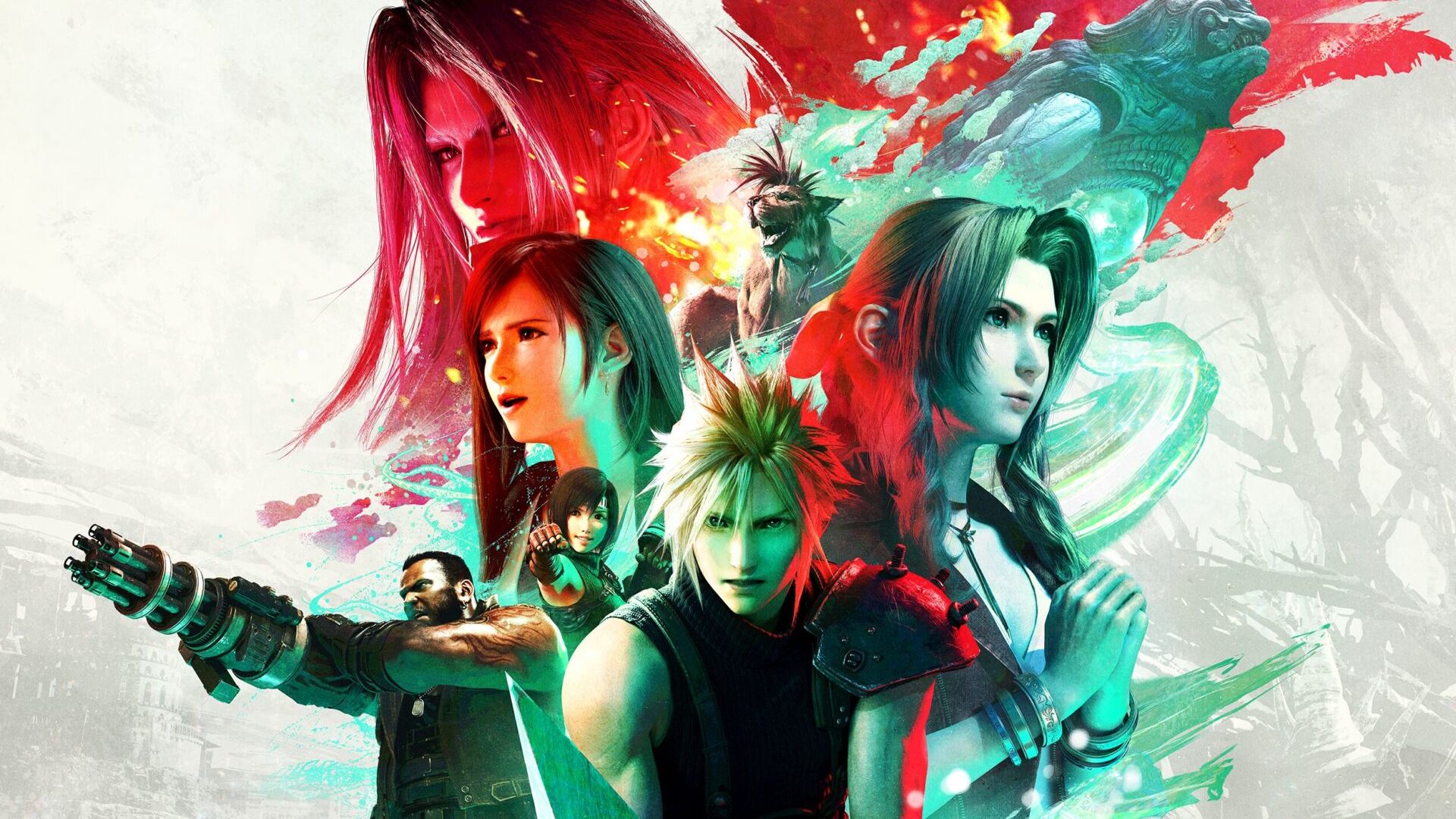 Promotional artwork featuring the main cast of Final Fantasy VII Rebirth.