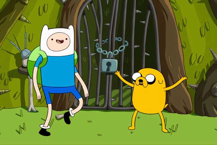 Finn and Jake outside of a locked gate in Adventure Time.