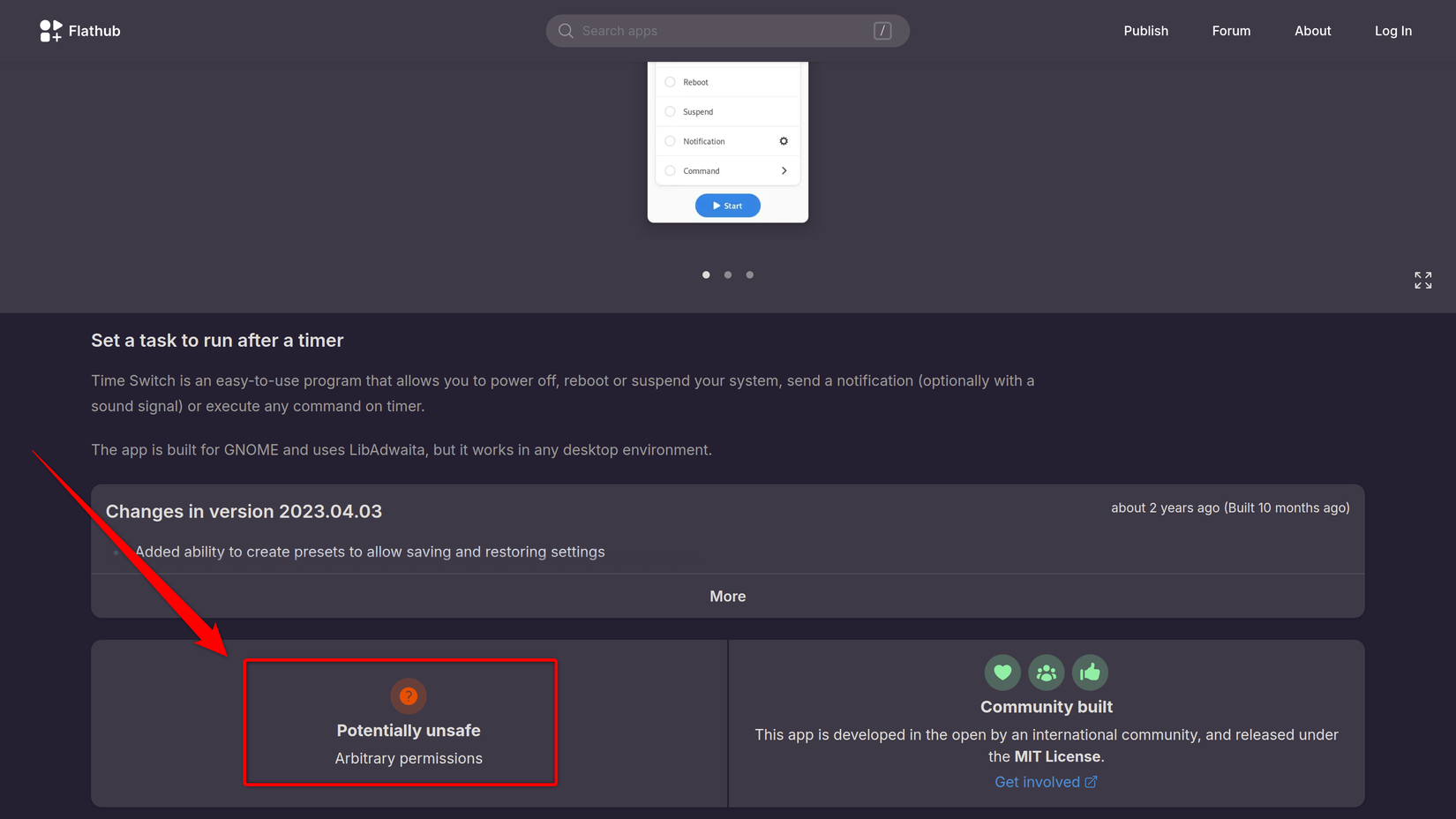 Flathub app marked potentially unsafe because it asks for arbitary permissions.