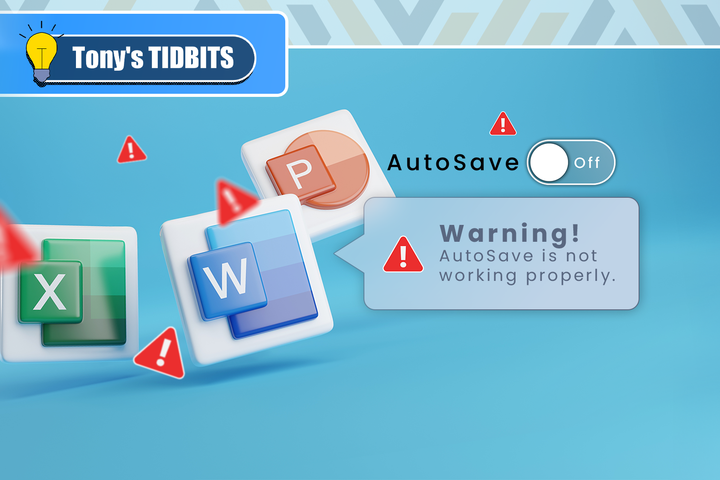 Floating Microsoft Office app icons (Word, Excel, PowerPoint) surrounded by red warning symbols, alongside an 'AutoSave Off' switch and a warning message.