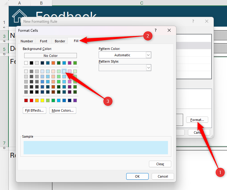 Format is selected in Excel's New Formatting Rule dialog box, and a light blue fill color is selected in the resultant Format Cells dialog box.