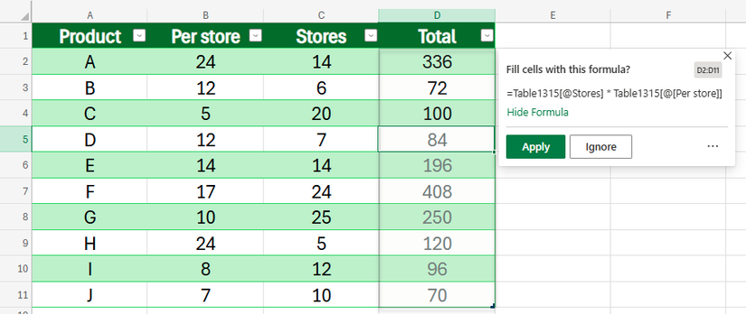 Formula By Example in Excel for the Web suggesting a formula that multiplies values from two columns in each corresponding row.