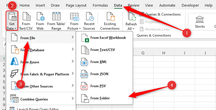 From Folder is selected in the From File section of the Get Data drop-down menu in the Data tab of Excel's ribbon.