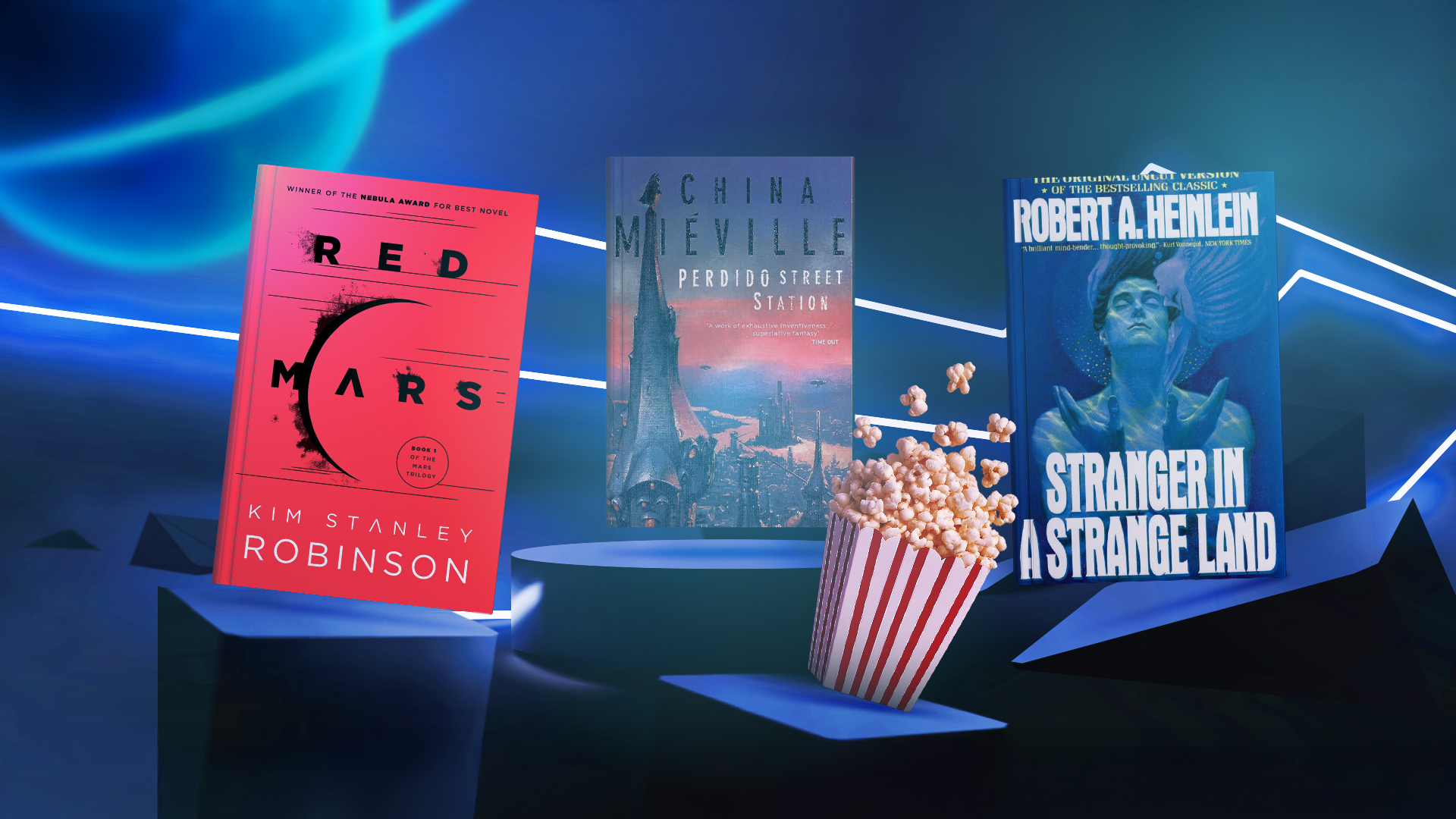 Futuristic setting with three books side by side and a popcorn bucket in the center.