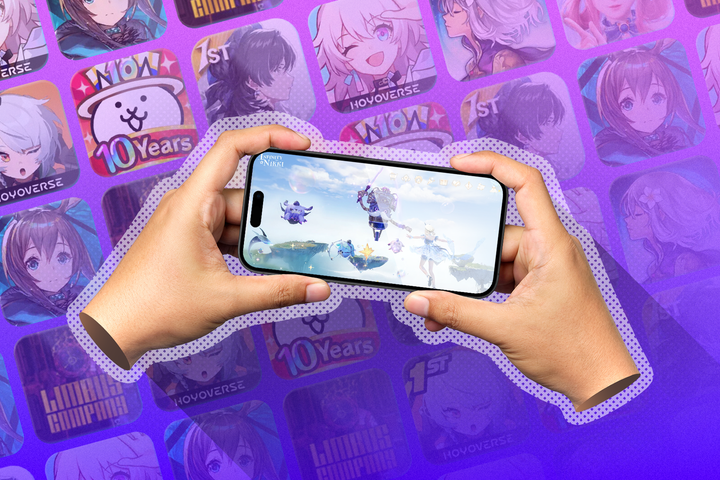 Hands playing a game on a phone, with a colorful background filled with app icons from various gacha games.