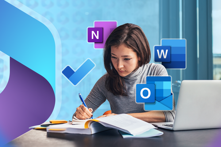 Girl studying at a desk with a laptop and open books, surrounded by Microsoft 365 app icons.