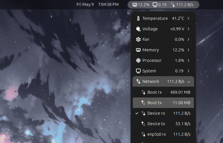 GNOME Extension vitals showing network activity.