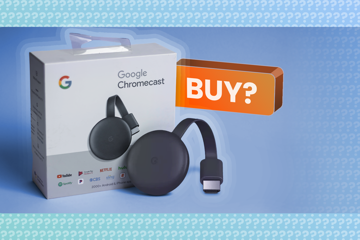 A 2nd Gen Google Chromecast sitting next to its box.
