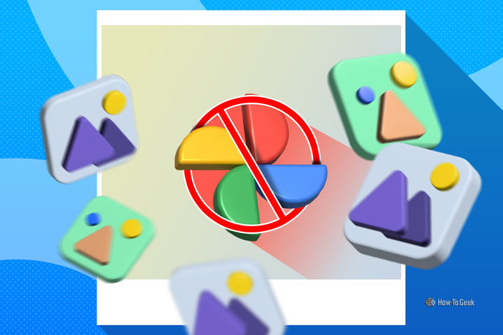 Google Photos logo crossed out with image thumbnails around it.