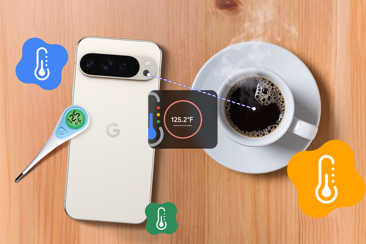 Google Pixel measuring the temperature of a cup of coffee, with a dashed line connecting the phone's sensor to the drink and displaying a 125.2°F reading in the center, surrounded by thermometer icons.
