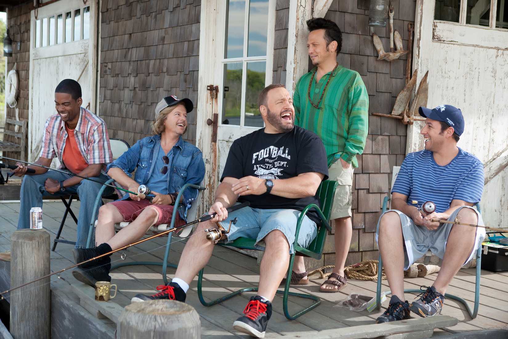 The cast of Grown Ups fishing during a movie scene.