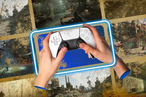 Hands holding a worn-out video game controller over a grunge background with screenshots of some games, conveying a gritty and grimy aesthetic.