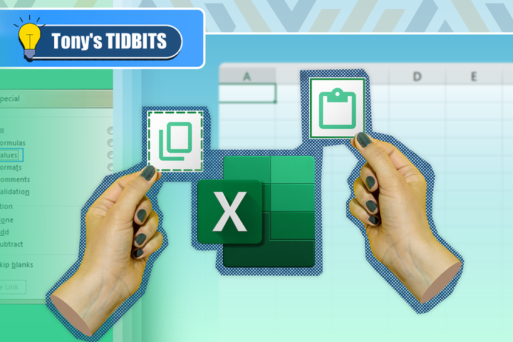 Hands holding copy and paste icons with the Excel logo at the center and a blurred spreadsheet in the background.