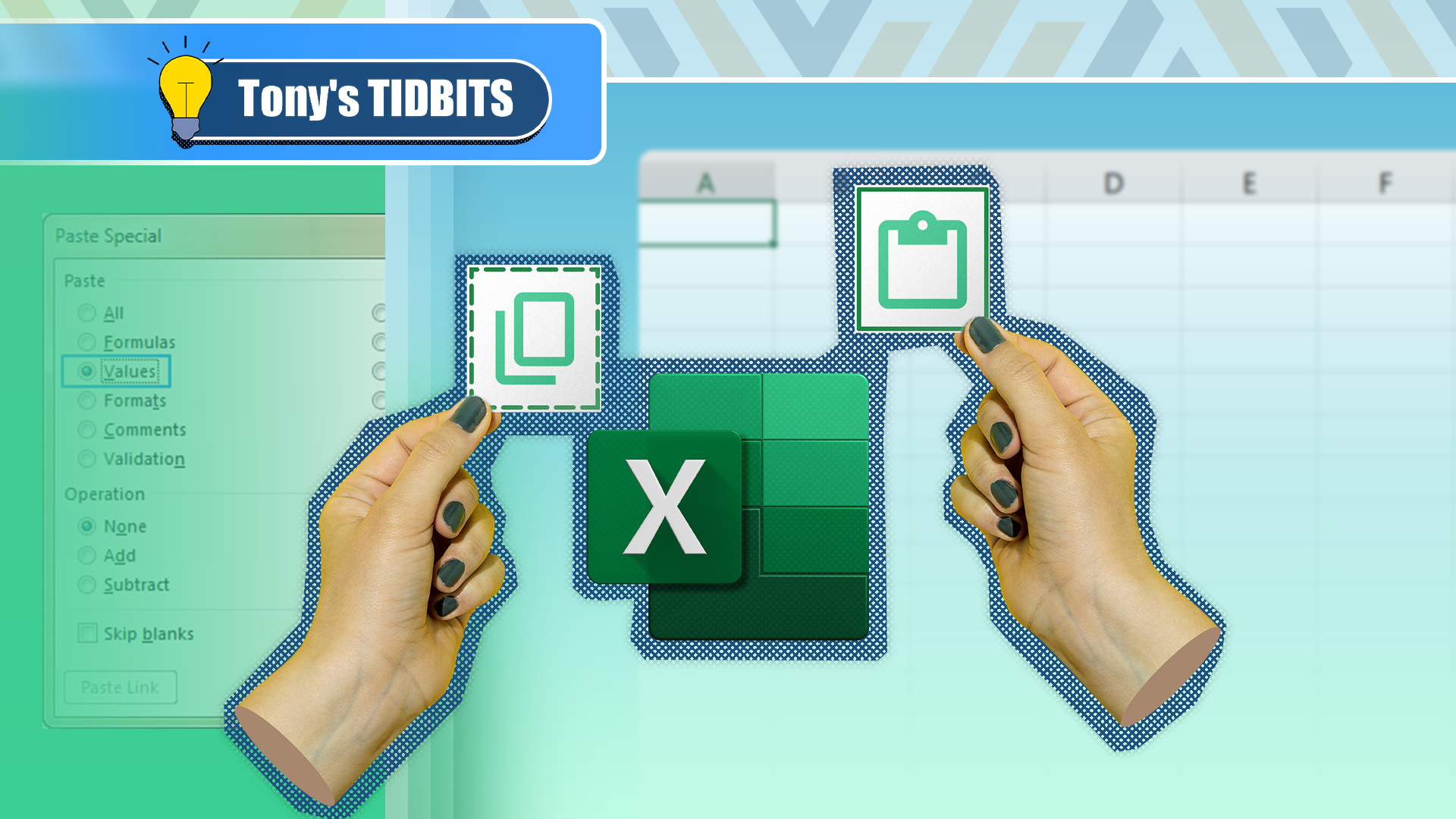 Hands holding copy and paste icons with the Excel logo at the center and a blurred spreadsheet in the background.