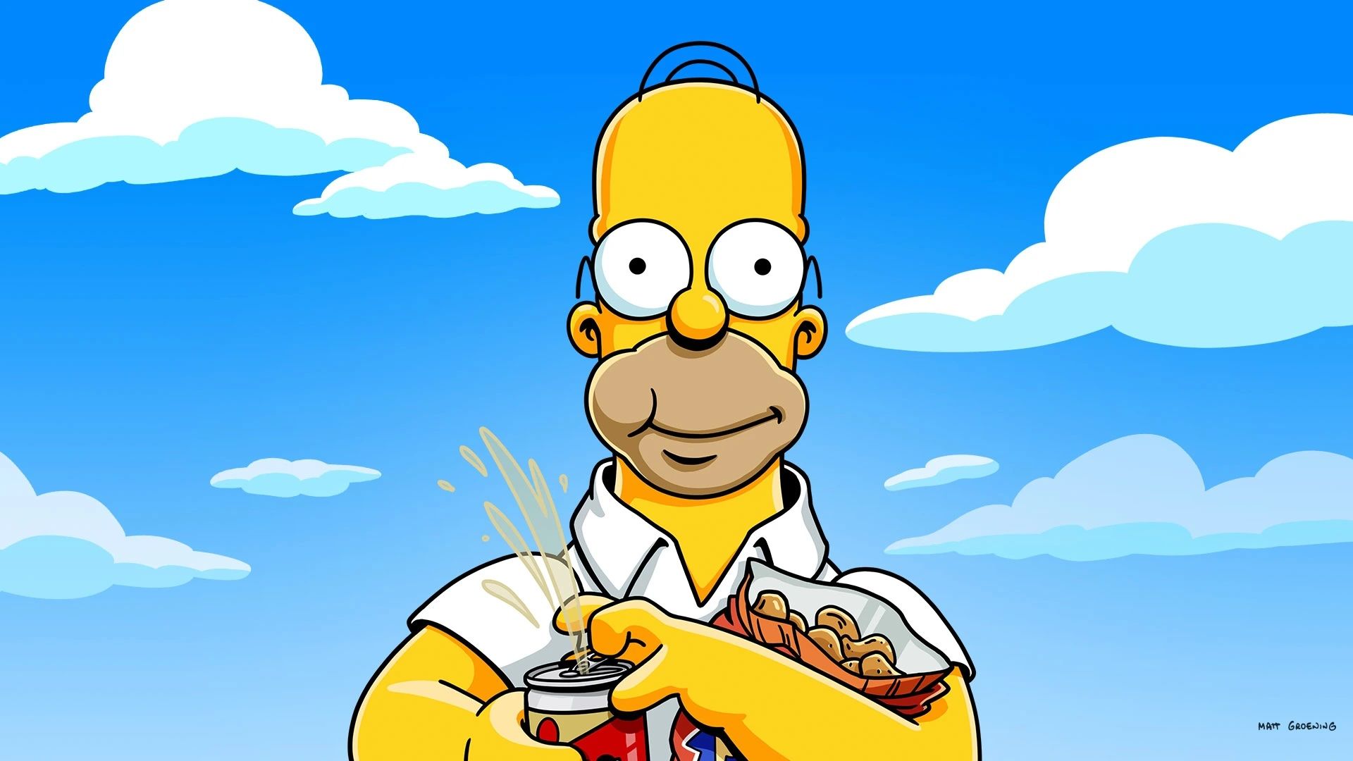 Homer Simpson carrying various snacks.