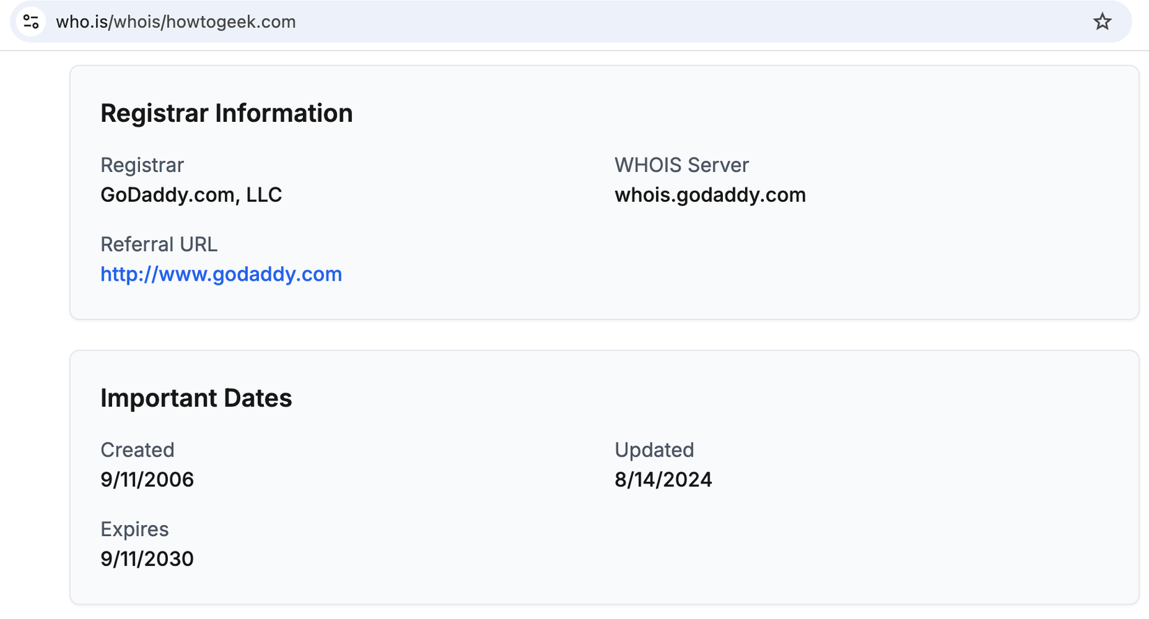 Whois lookup of howtogeek.com.