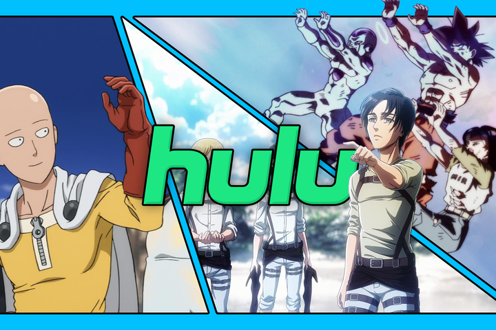 Hulu logo surrounded by characters from popular anime series like One Punch Man, Attack on Titan, and Dragon Ball Super.
