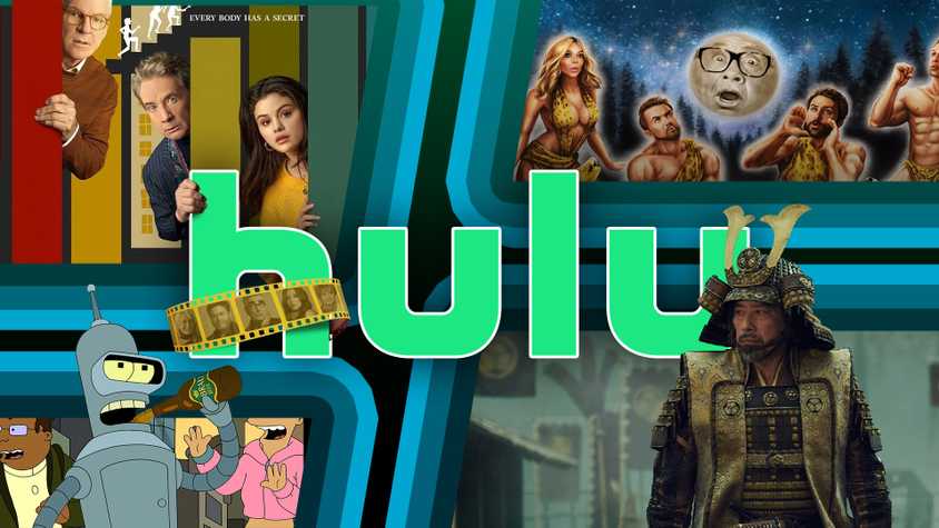 Hulu logo with some of its original shows in the background.