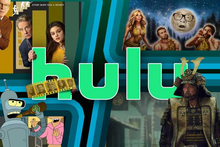 Hulu logo with some of its original shows in the background.