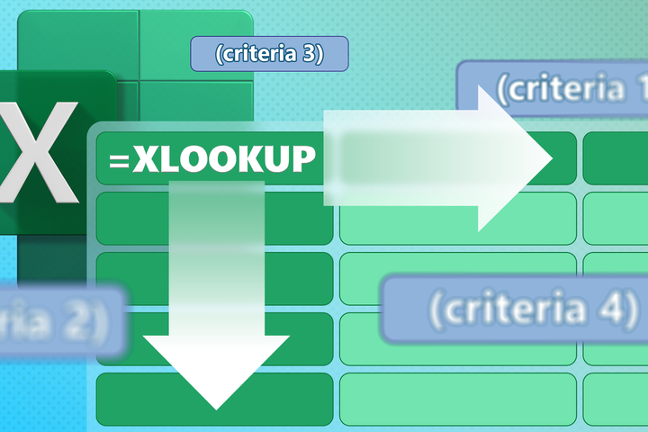 Illustration of the Excel XLOOKUP function with large arrows pointing right and down across a green spreadsheet, showing multiple criteria cells highlighted around it.