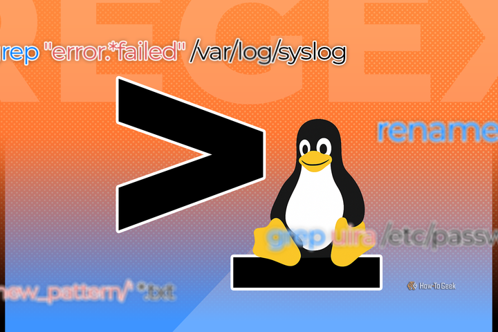 Illustration featuring a large terminal symbol with the Linux mascot sitting next to it, surrounded by various regular expression commands on a colorful gradient background.
