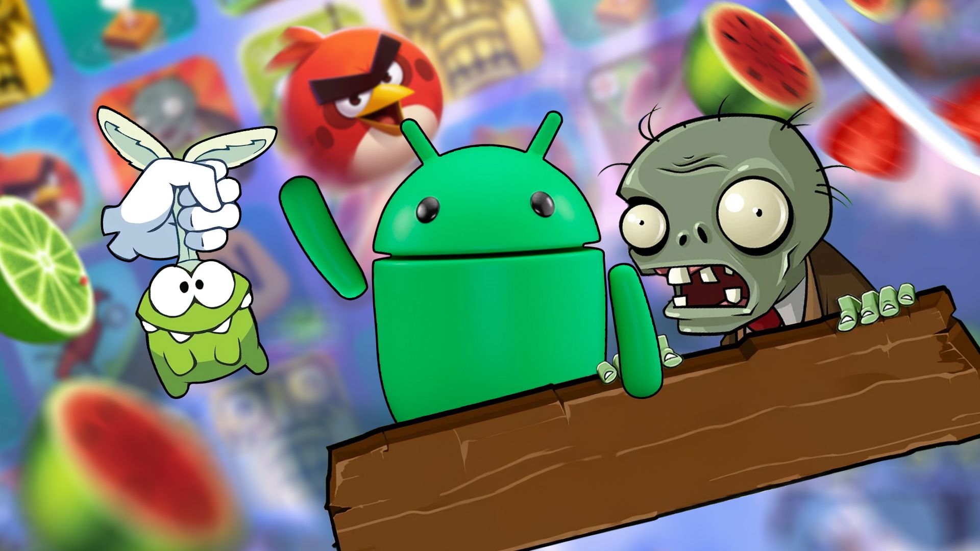 Illustration featuring famous mobile game characters, with the Android mascot in the center.