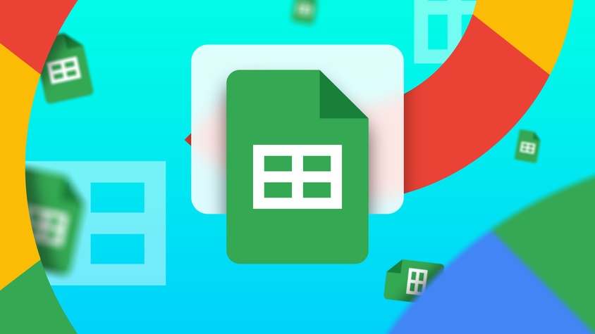 Illustration featuring the Google Sheets logo surrounded by multiple logo copies, with curved segments of Google’s colors framing the corners.