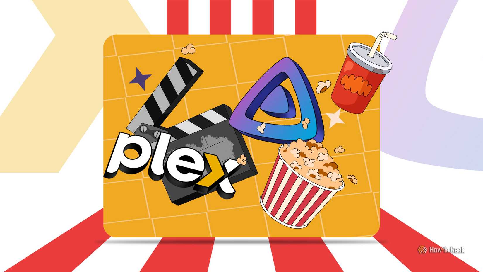 Illustration of a clapperboard, a popcorn bucket, and a drink cup, along with the Plex and Jellyfin logos.