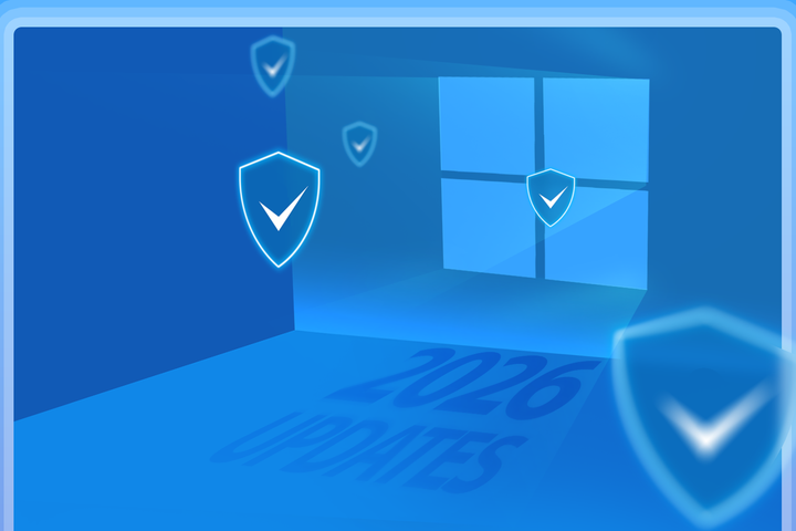 Illustration of a glowing Windows 10 logo inside a blue room, surrounded by security shields, with the words '2026 UPDATES' on the floor.