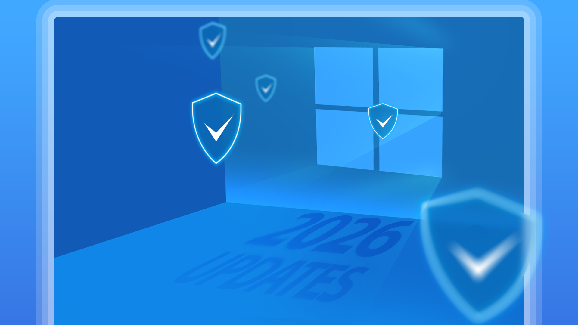 Illustration of a glowing Windows 10 logo inside a blue room, surrounded by security shields, with the words '2026 UPDATES' on the floor.