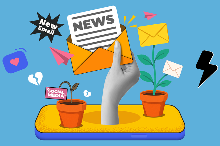 Illustration of a hand emerging from a smartphone holding an envelope labeled NEWS, with plants growing email icons and a wilted social media plant.