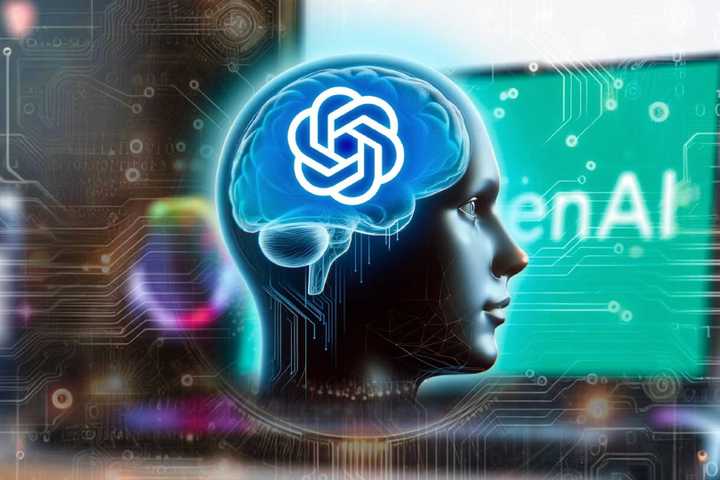 Illustration of a head with the ChatGPT logo in the brain.