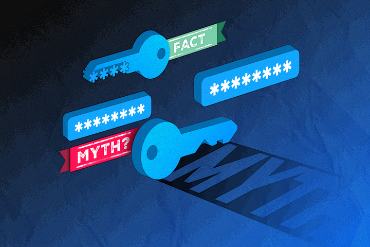 Illustration of a key surrounded by passwords and ribbons labeled 'myth' and 'fact'.