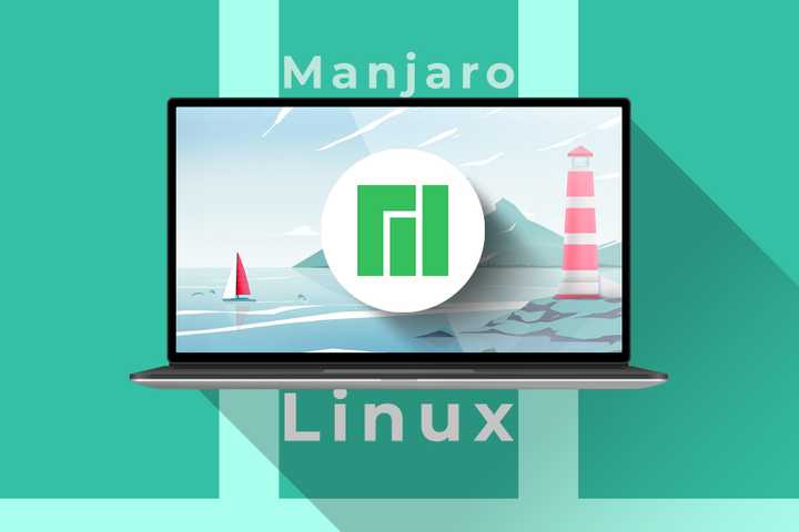 Illustration of a laptop displaying the Manjaro Linux logo.