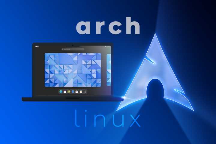 Illustration of a laptop running Arch Linux with the Arch Linux logo beside it.