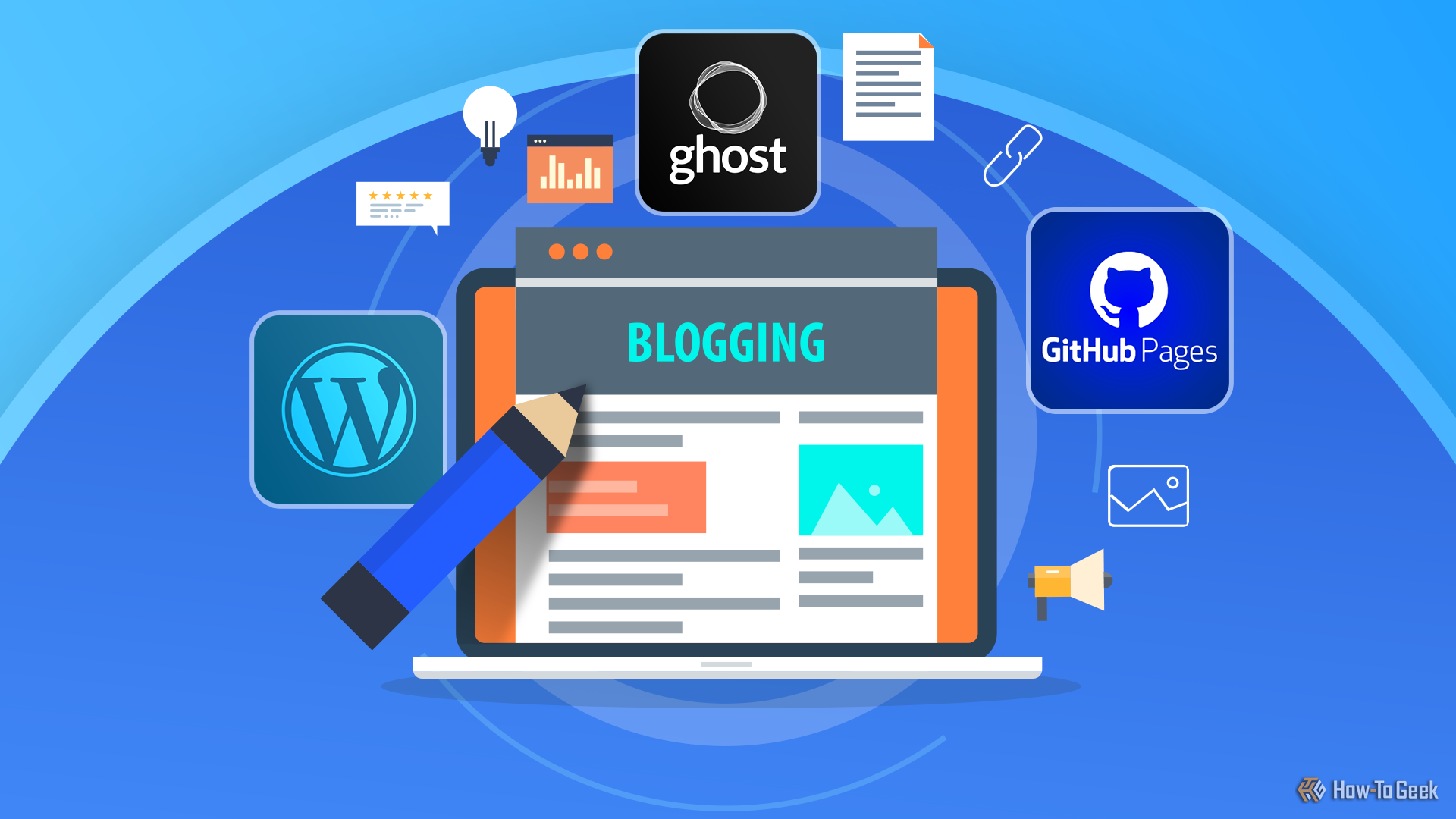 Illustration of a laptop screen displaying a blogging interface, surrounded by logos of WordPress, Ghost, and GitHub Pages, along with icons representing charts, documents, and communication tools, all set against.