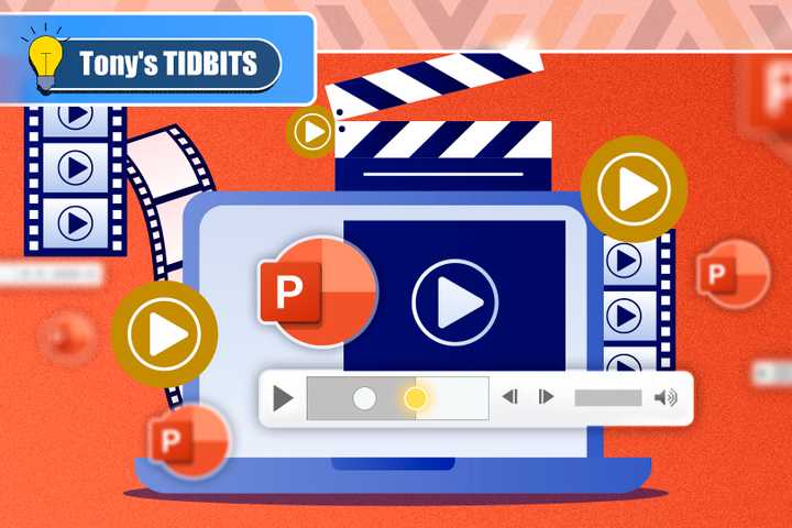 Illustration of a laptop with audio and video icons, a player with bookmarks, and multiple PowerPoint logos around it.