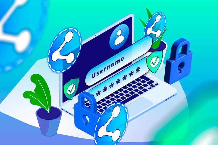 Illustration of a laptop with login credentials, surrounded by share and security icons.-1