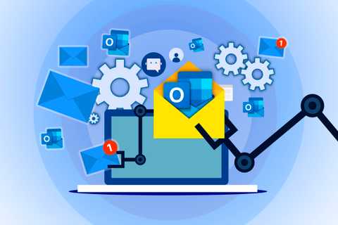 Illustration of a laptop with multiple message and automation icons, and the Outlook logo inside an envelope.