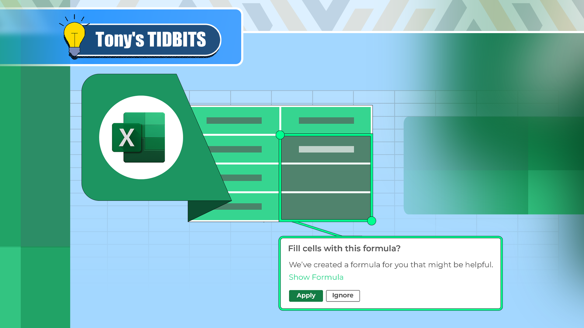 Illustration of a Microsoft Excel interface showing a pop-up suggestion that offers to auto-fill cells using a generated formula.