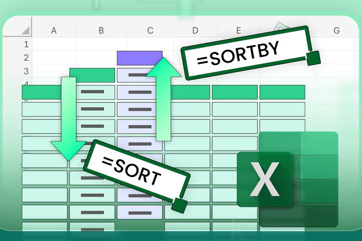 Illustration of a Microsoft Excel spreadsheet showing two columns being sorted, with labels for the '=SORT' and '=SORTBY' functions, alongside the Excel logo.