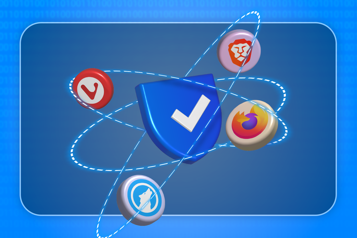 Illustration of a security shield surrounded by glowing orbital lines and floating browser icons.